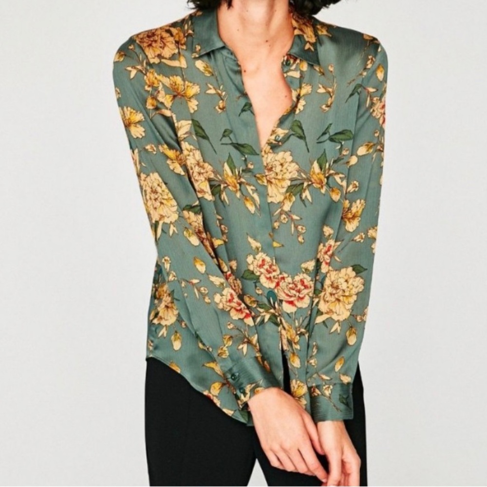 Zara Green Button down floral shirt